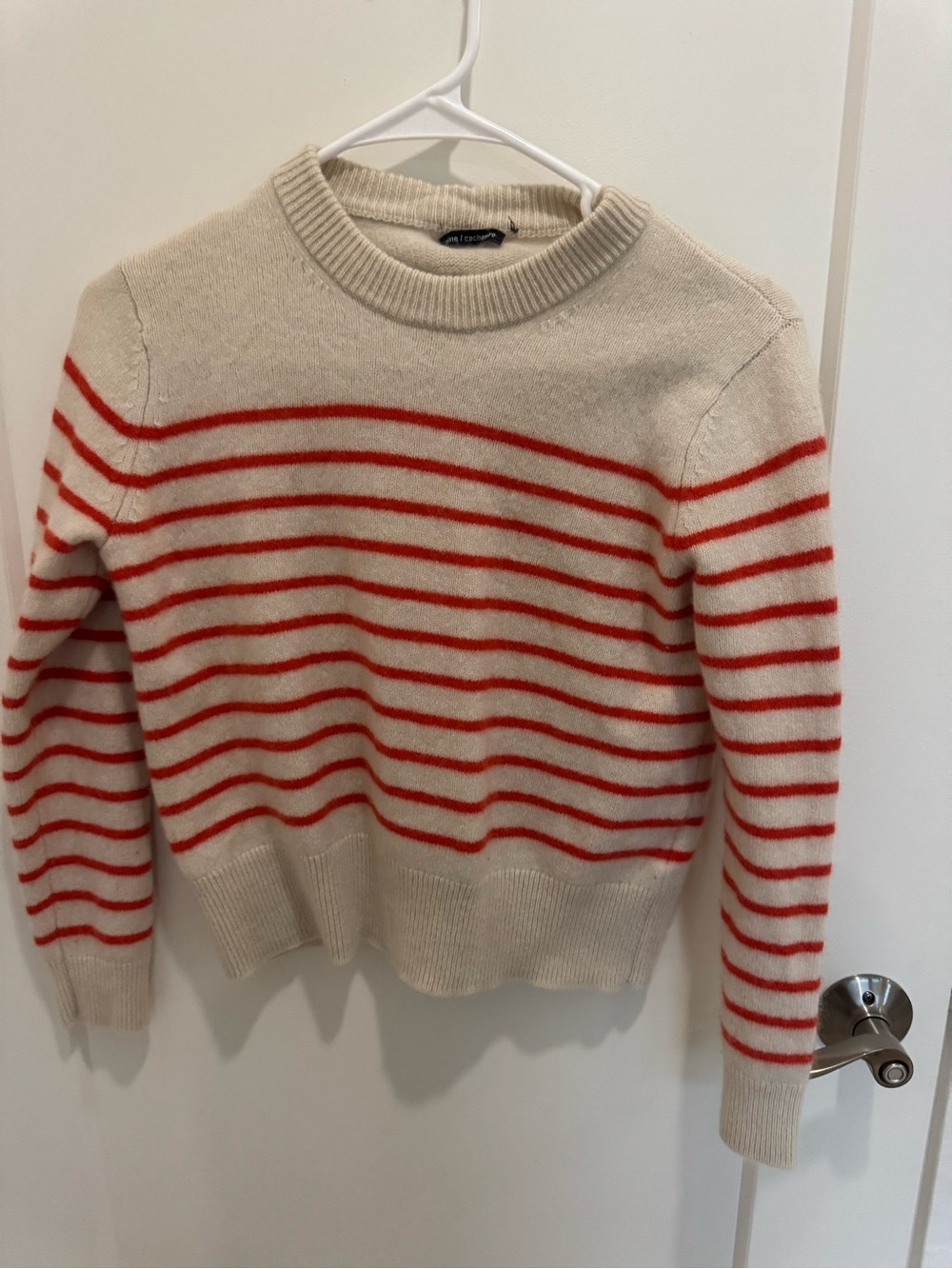 French Cashmere Striped Crewneck Sweater - Cream with Red Stripes